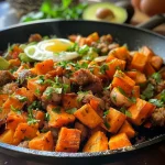 A close-up view of sweet potato hash featuring sausage and eggs.
