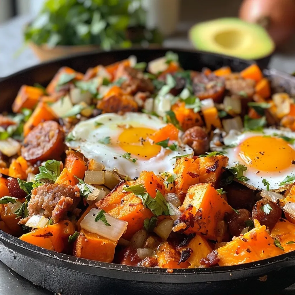 Colorful dish of sweet potato hash with diced sausage, eggs, and vegetables.