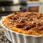 A close-up side view of a golden-brown sweet potato souffle in a baking dish.