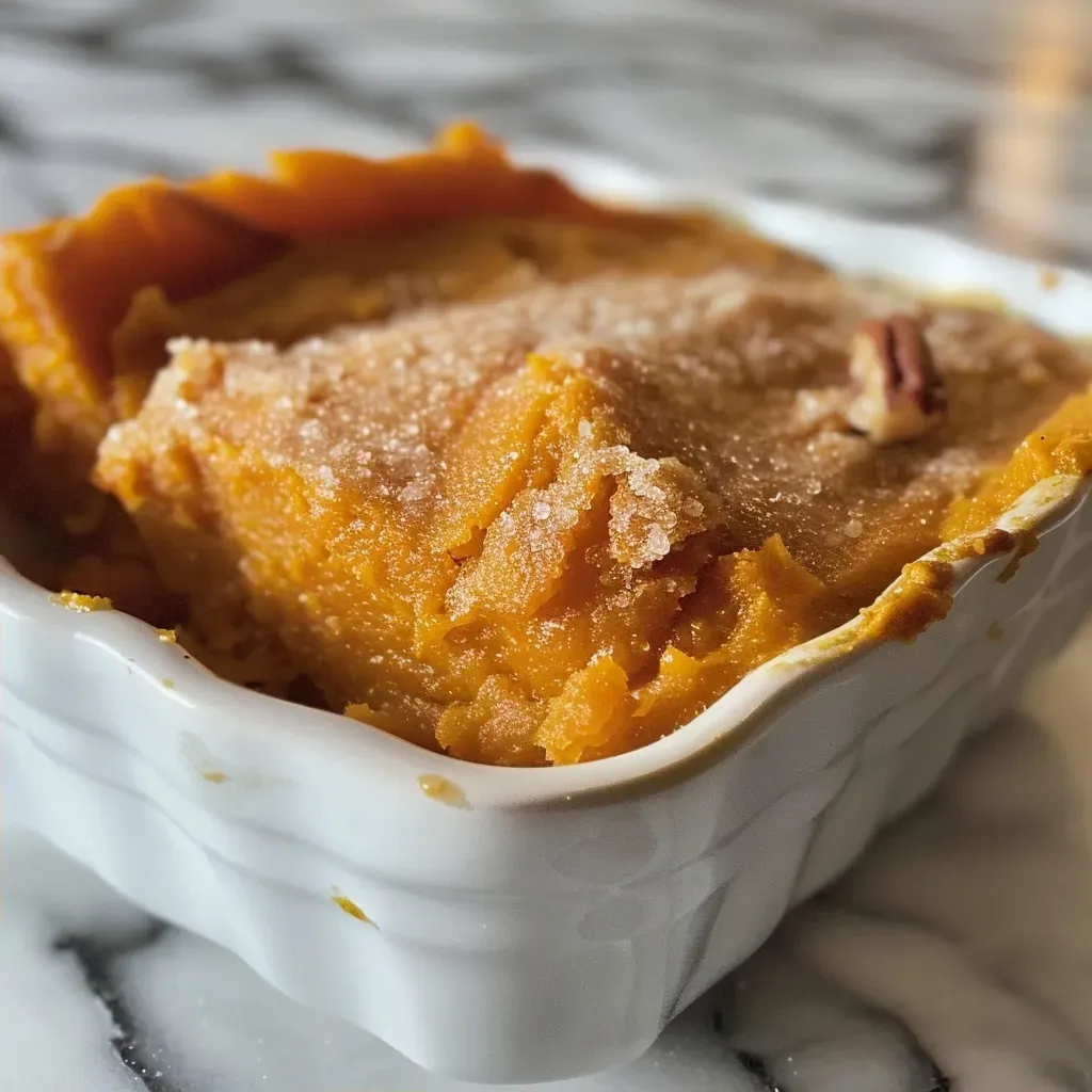 An enticing image of sweet potato souffle topped with pecans and a glossy finish.