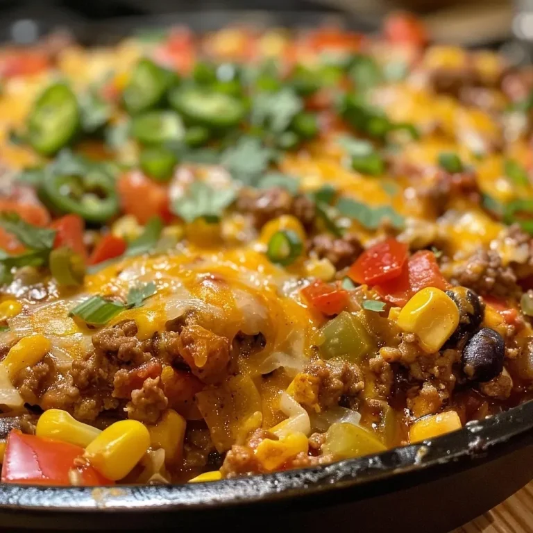 A close-up side view of a Tex Mex casserole with layers of beef, cheese, and vegetables.