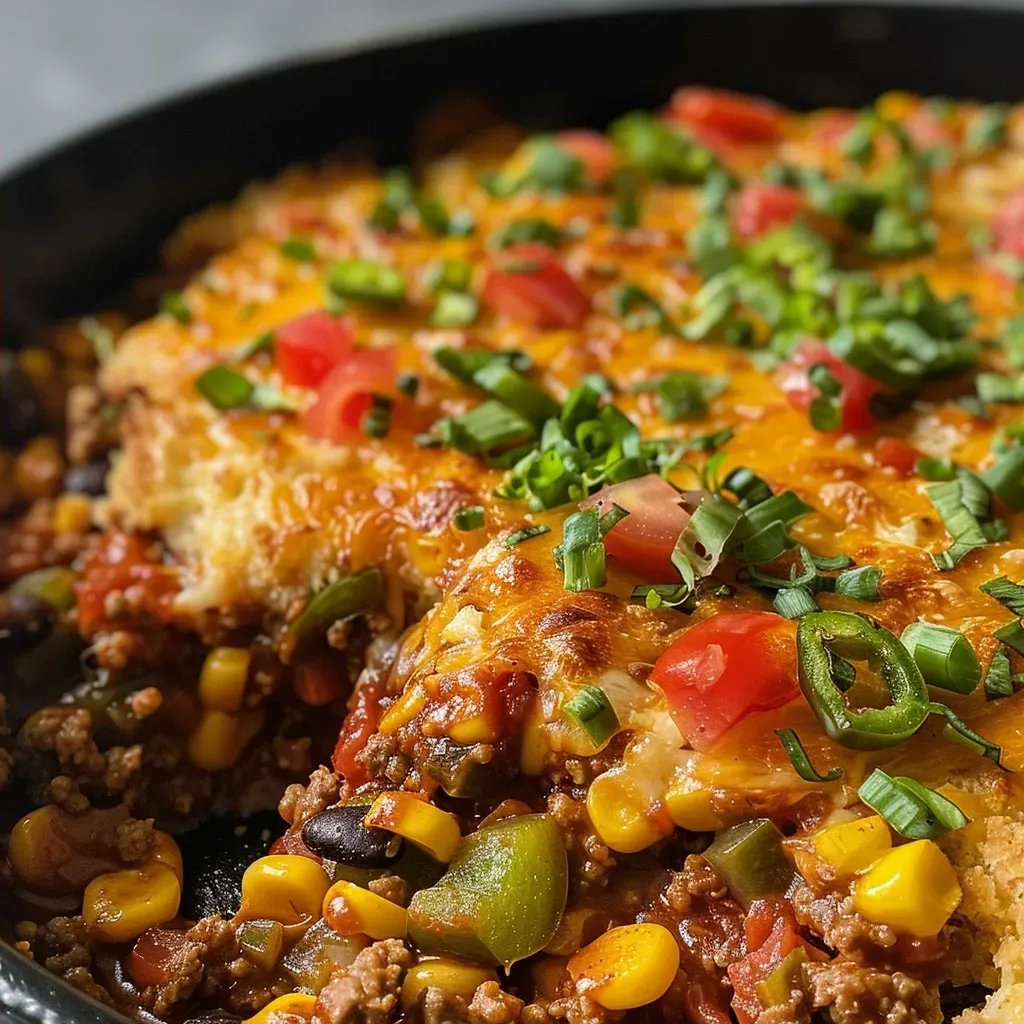 Juicy Tex Mex casserole showcasing ground beef, cheese, and colorful ingredients in a baking dish.