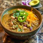 Close-up view of a hearty bowl of turkey chili with chopped vegetables and garnishes.
