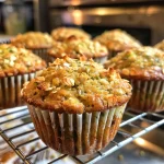 Close-up of a freshly baked gluten-free zucchini muffin with a moist texture.