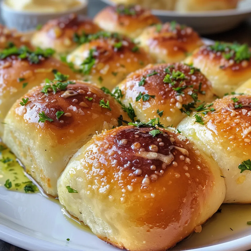 Side view of fluffy butter garlic rolls glistening with melted butter and garlic bits.