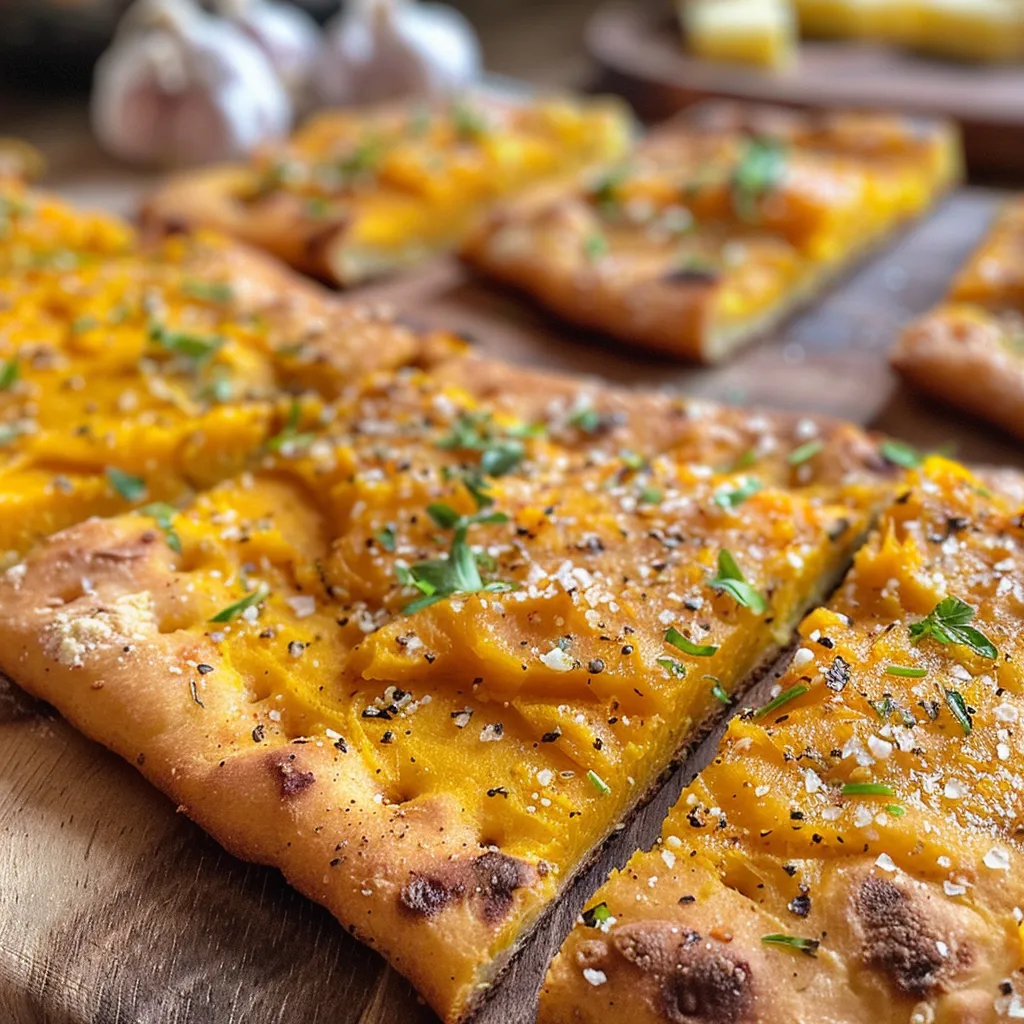 Side view of Garlic Pumpkin Flatbread showcasing its fluffy texture and garlic specks.