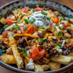 Close-up side view of loaded chili cheese fries topped with melted cheese and parsley.