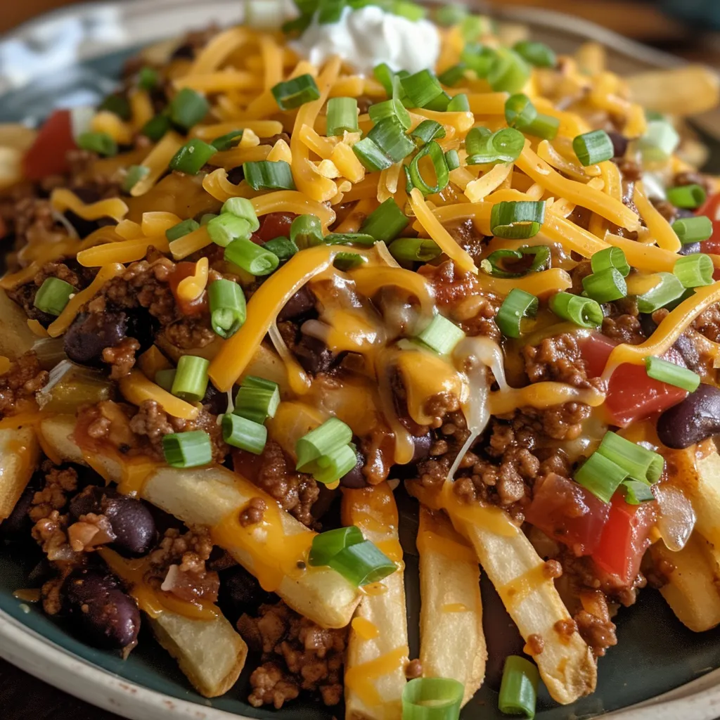 Juicy Easy Chili Cheese Fries with a golden crispy exterior and rich chili sauce.