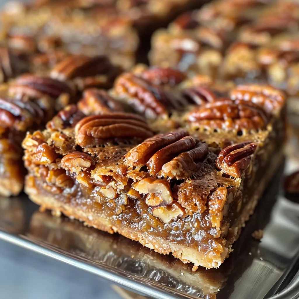 Close-up view of a slice of Healthy Pecan Pie Bars showcasing a golden crust and pecan topping.