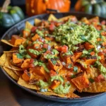 A mini pumpkin filled with guacamole, surrounded by tortilla chips and cheese, presented on a platter.
