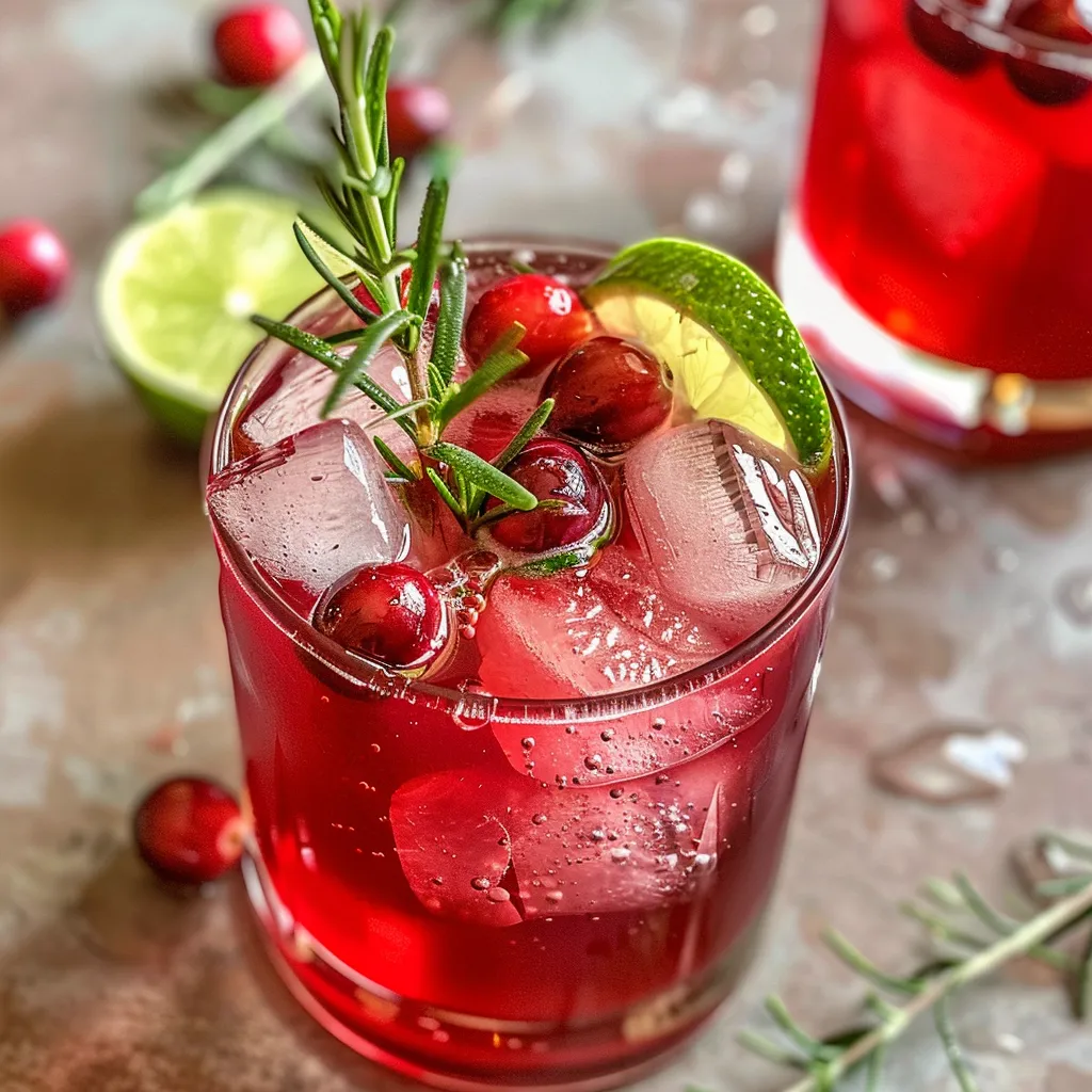 Side view of a mocktail garnished with rosemary and lime, showcasing its vibrant colors.