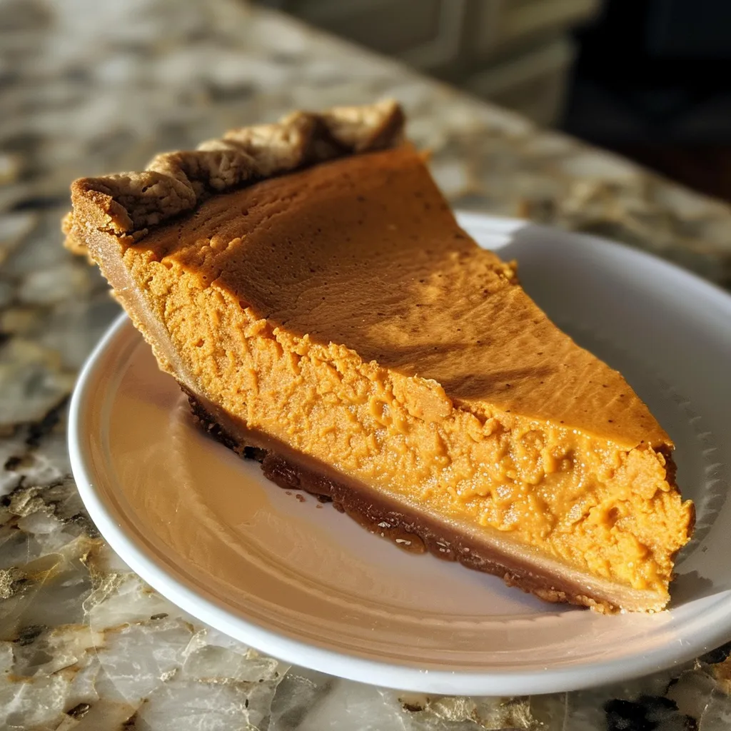 A close-up side view of a healthy sweet potato pie, showcasing its golden crust and rich filling.