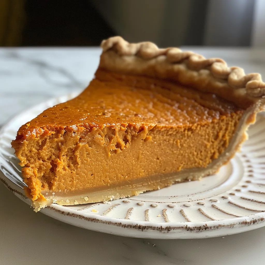 Side perspective of a delicious sweet potato pie with a flaky crust and vibrant orange filling.