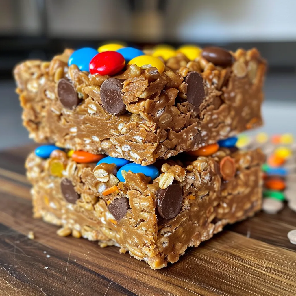 Close-up side view of No-Bake Protein Monster Cookie Bars stacked on a wooden surface.