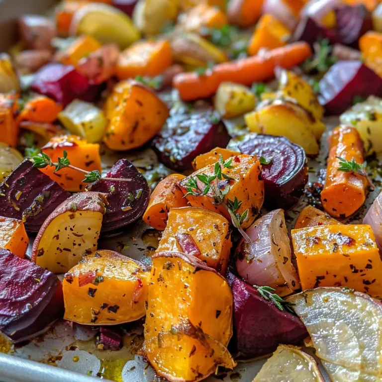 Harvest Harmony: The Sheet-Pan Roasted Root Vegetables That Celebrate Every Bite Close-up of a vibrant mix of roasted root vegetables on a sheet pan, showcasing their colorful textures.