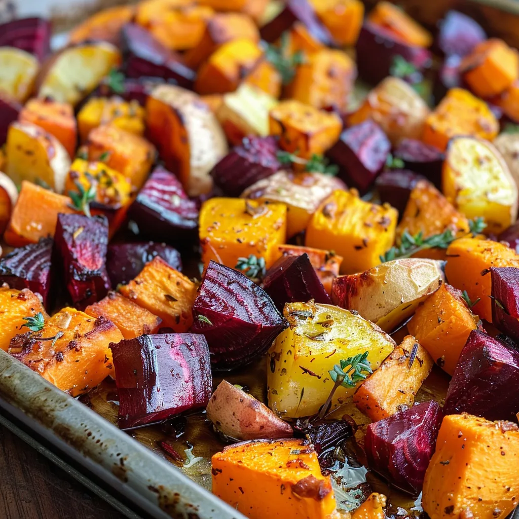 Side view of caramelized carrots, parsnips, beets, and sweet potatoes, glistening with olive oil.