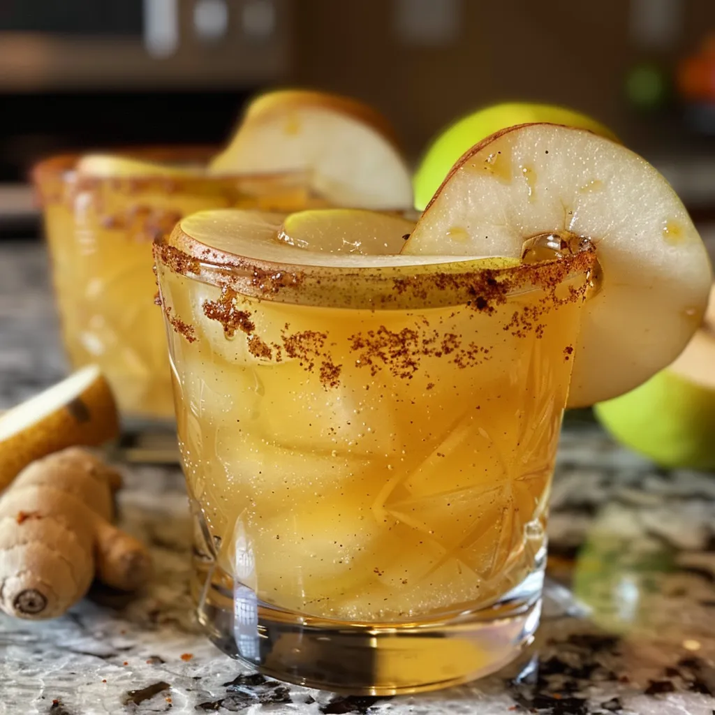A vibrant Spiced Pear Margarita with a honey rim and fresh pear garnish on a wooden surface.