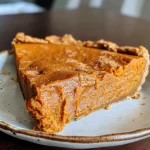 Close-up side view of a Sweet Potato Protein Pie with a golden-brown crust.