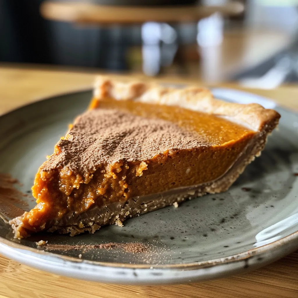 Richly colored Sweet Potato Protein Pie displayed on a wooden table.