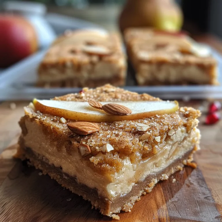 A Sweet Symphony: Celebrating Fall with Keto Spiced Pear Cheesecake Bars A side view of Keto Spiced Pear Cheesecake Bars, showcasing their creamy texture and pear topping.