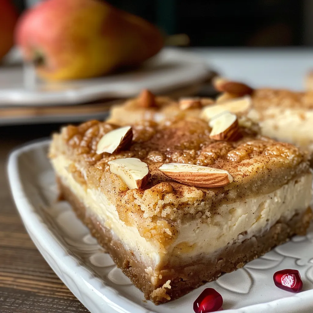 A close-up of Keto Spiced Pear Cheesecake Bars with a golden crust and garnished with almonds and pomegranate.