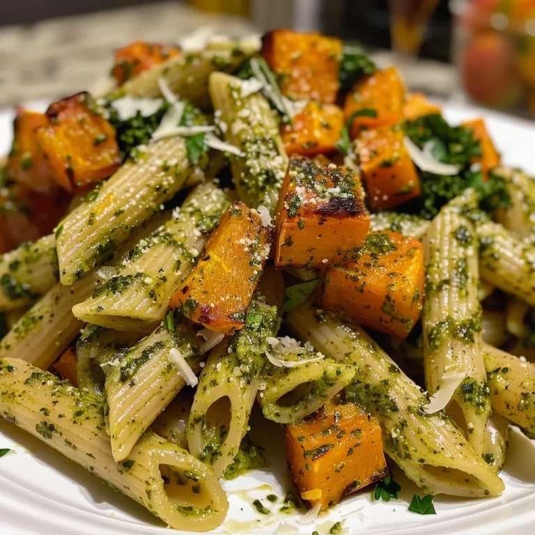 Harvest Harmony: A Vibrant Pesto Pasta with Roasted Butternut Squash and Kale Close-up view of a bowl of pesto pasta featuring roasted butternut squash and kale.