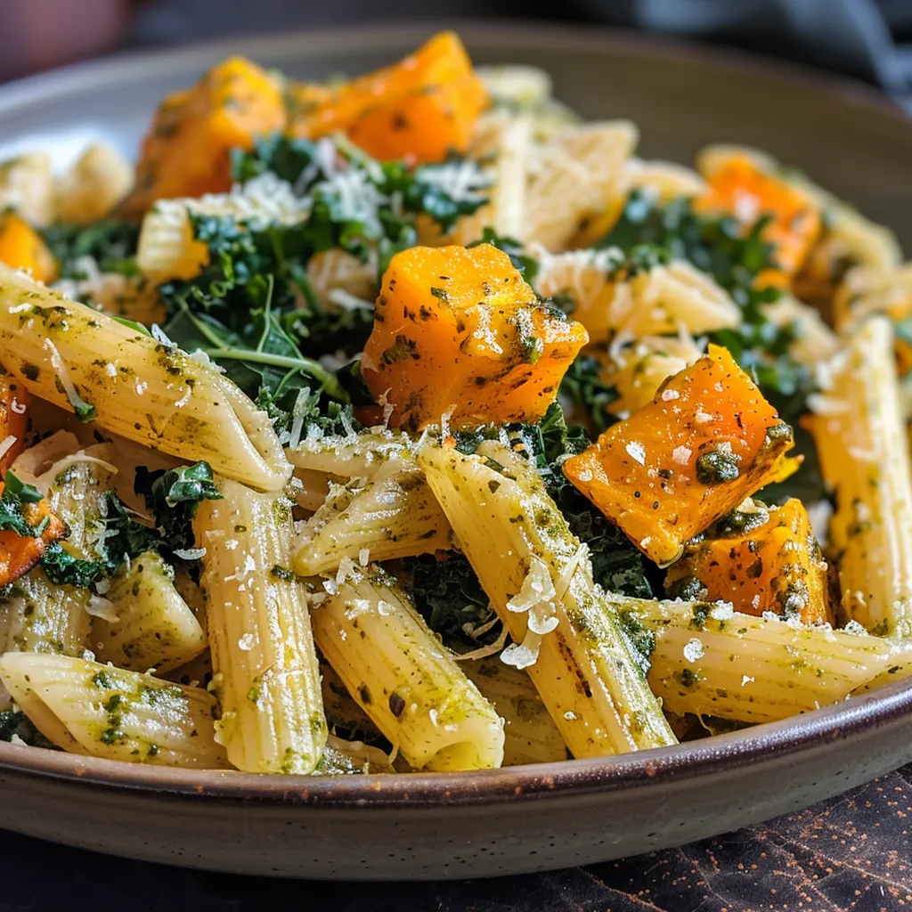 Side angle photo showcasing vibrant pesto pasta topped with butternut squash and kale.