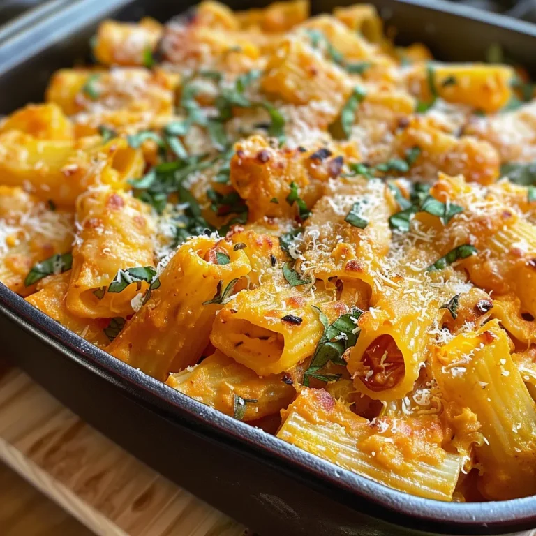 A close-up side view of Baked 4 Cheese Butternut Squash Rigatoni topped with melted cheese.