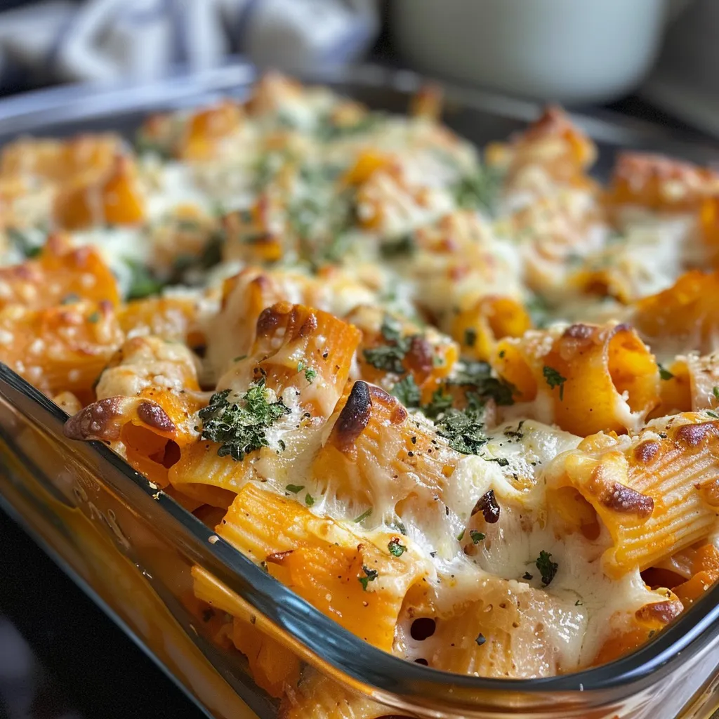 Juicy rigatoni pasta baked with a creamy butternut squash and cheese mixture.
