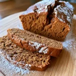 Close-up of a sliced spiced gingerbread loaf, showcasing its moist texture and rich color.