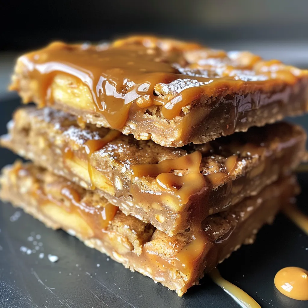 Side view of a delicious protein bar featuring a caramel apple flavor, showcasing its texture.