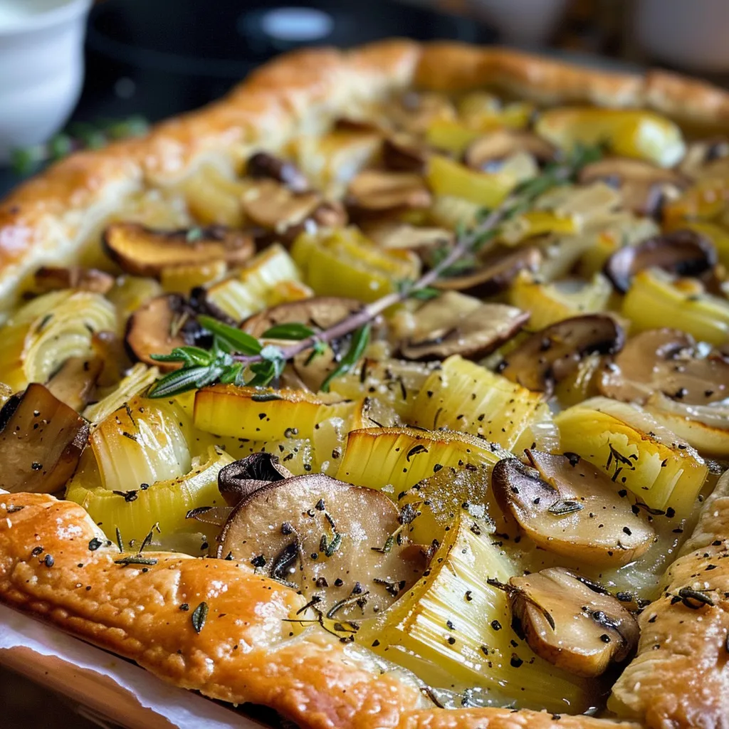 Side angle of a golden-brown galette filled with leeks, mushrooms, and cheese on a wooden backdrop.