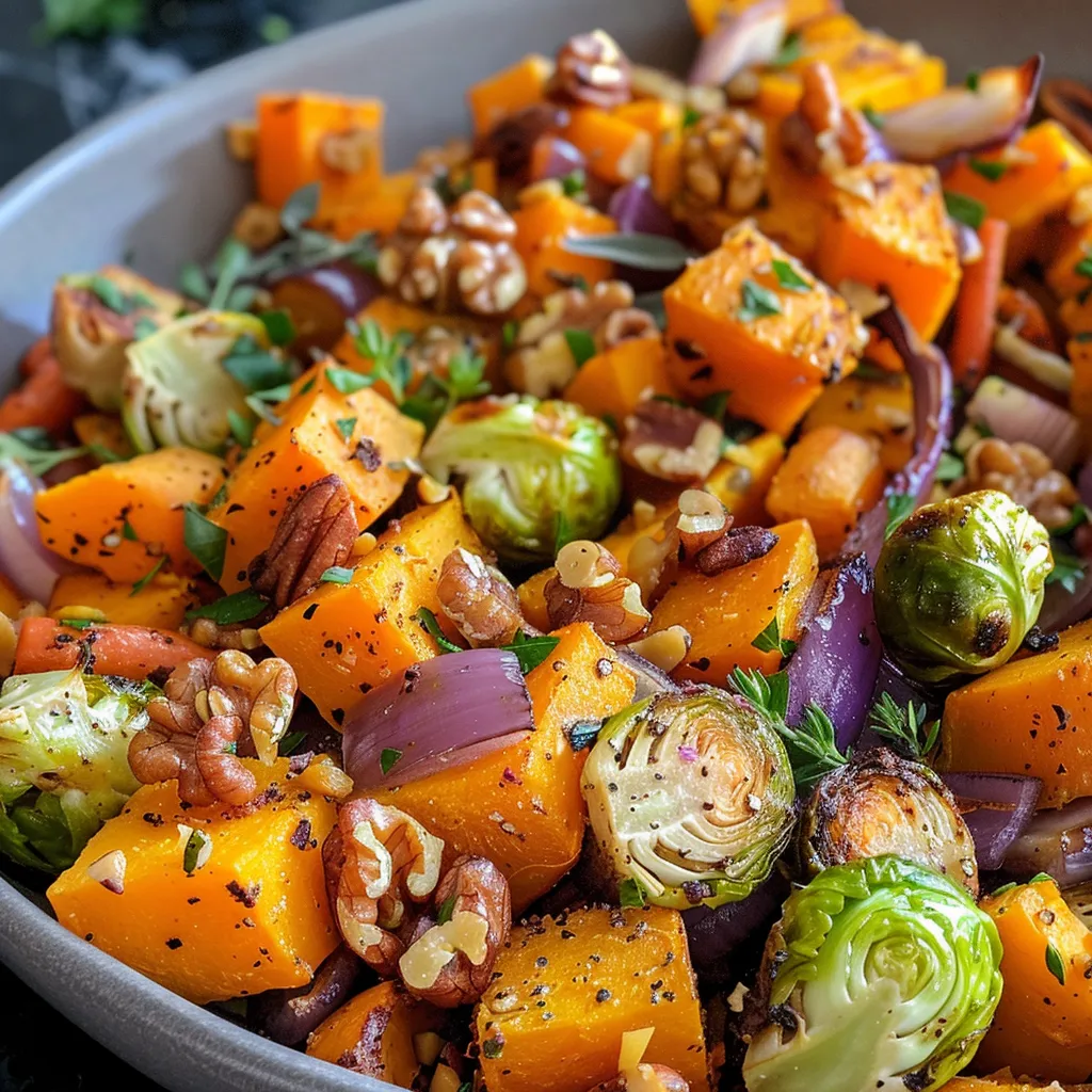 A close-up view of a variety of roasted autumn vegetables, highlighting their colors and textures.
