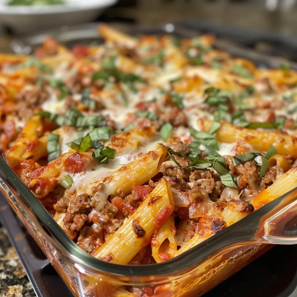 Side view of baked ziti, showcasing layers of pasta, meat, and cheese, garnished with basil.