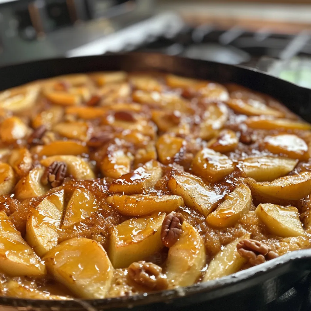 Close-up view of a golden-brown apple cinnamon skillet cake topped with diced apples and nuts.