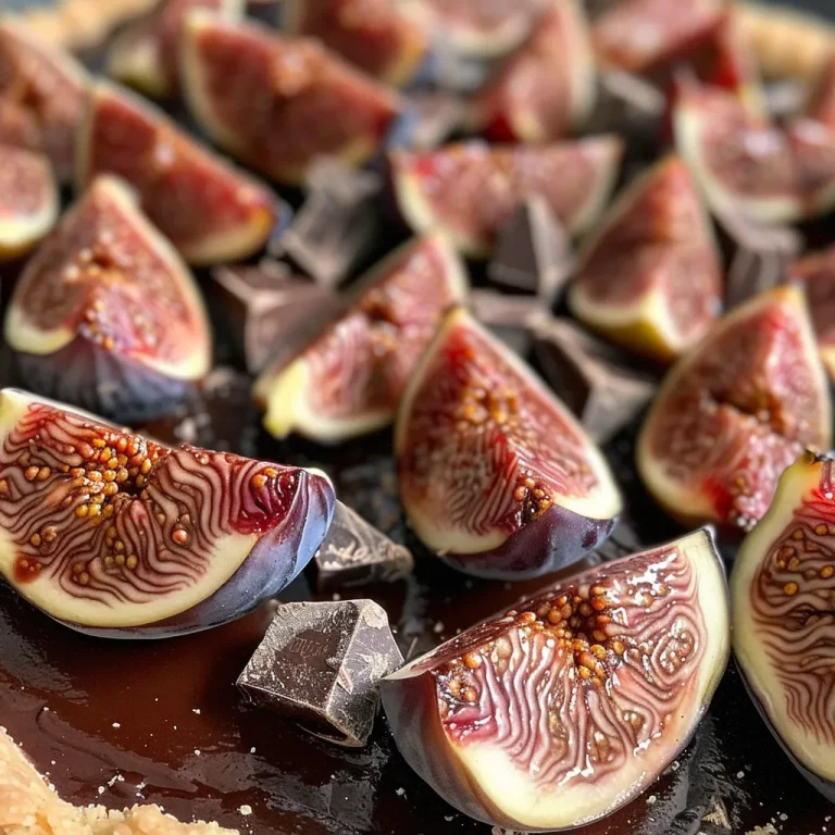 A Decadent Vegan Chocolate Fig Tart That Celebrates Life’s Sweet Moments Close-up view of a vegan chocolate fig tart with a glossy chocolate filling and sliced figs on top.