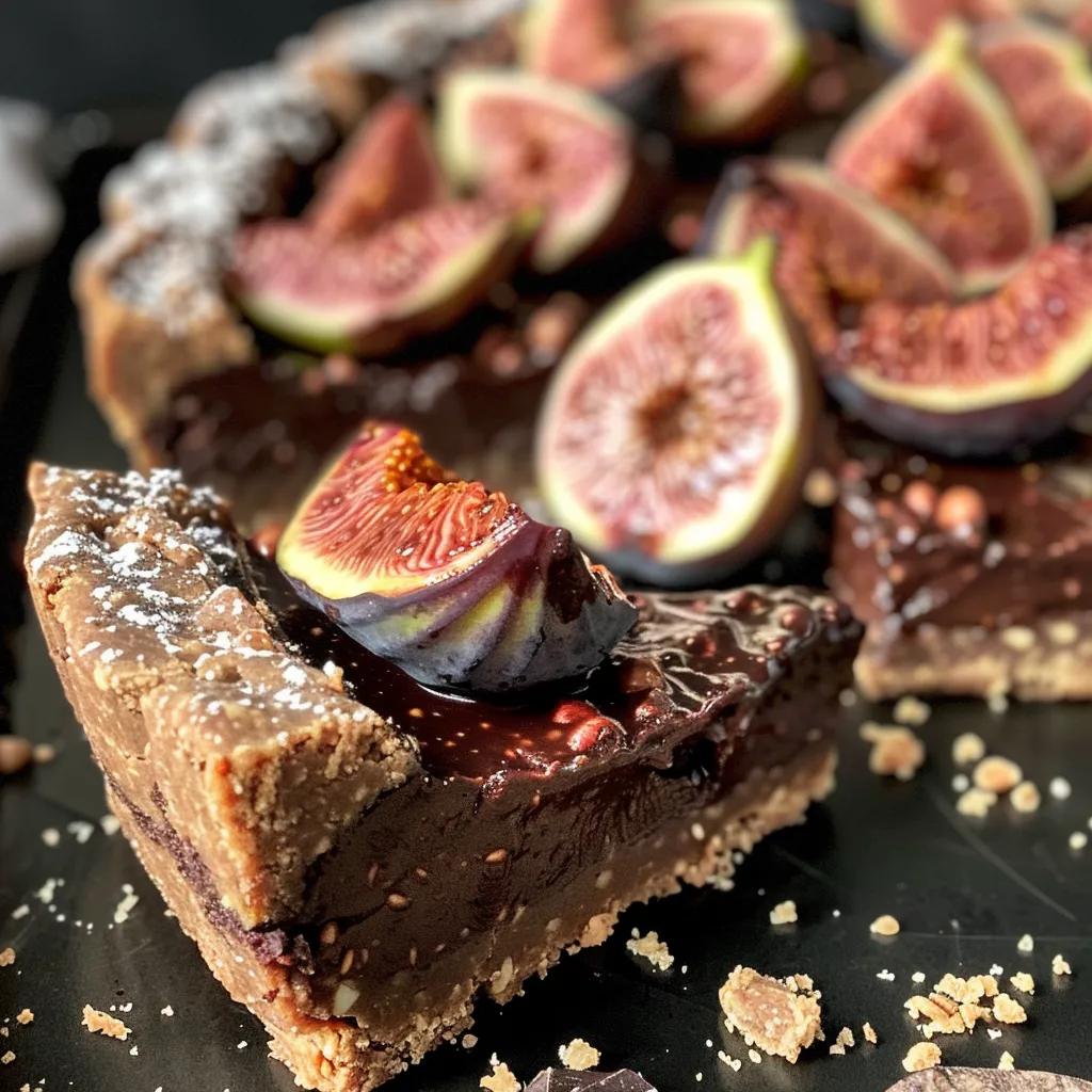 Side view of a rich vegan chocolate tart resting on a delicate almond flour crust.