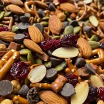 Close-up of a colorful trail mix featuring almonds, cranberries, pumpkin seeds, dark chocolate, and pretzel pieces.
