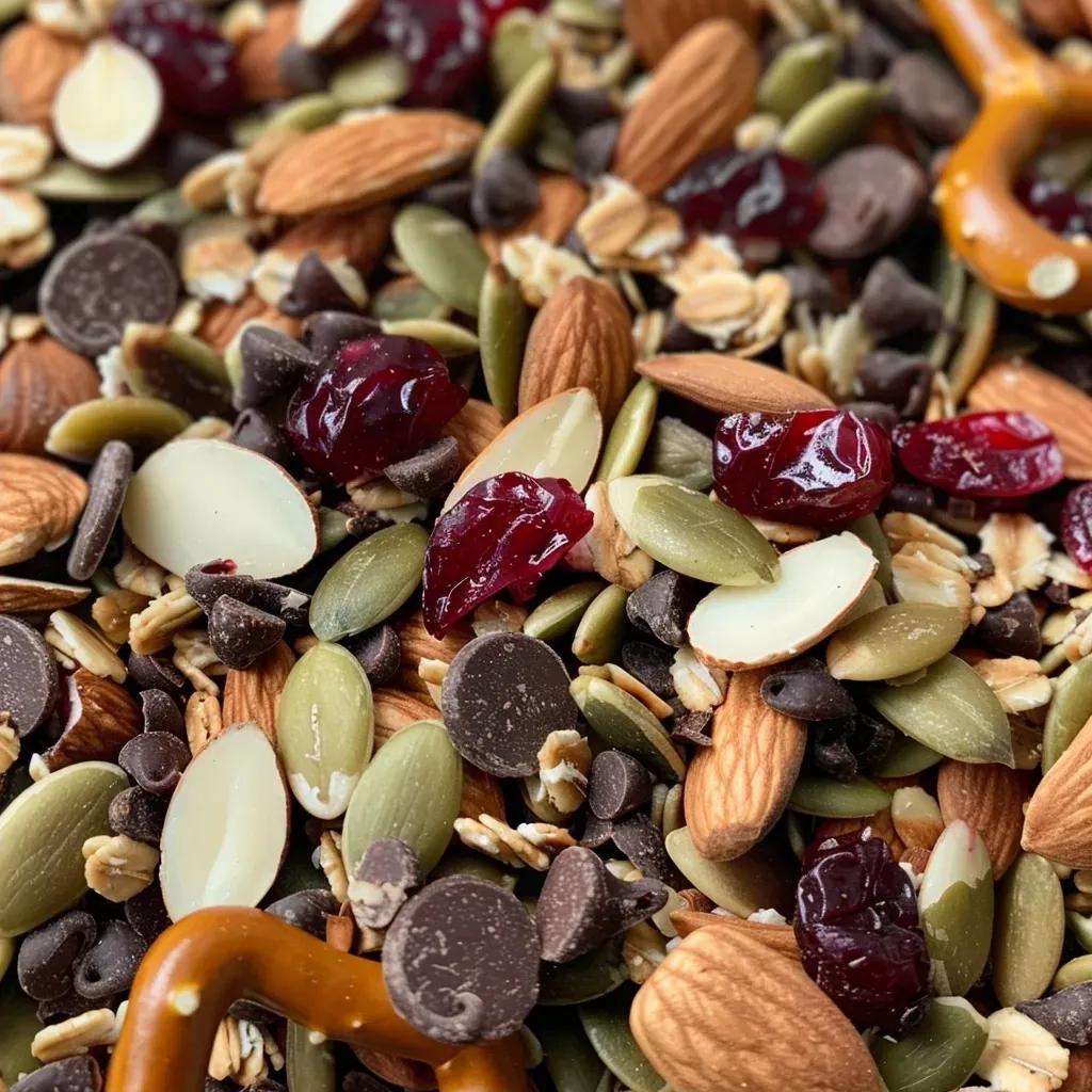 Side view of a delicious blend of nuts, seeds, and dried fruit in a bowl.