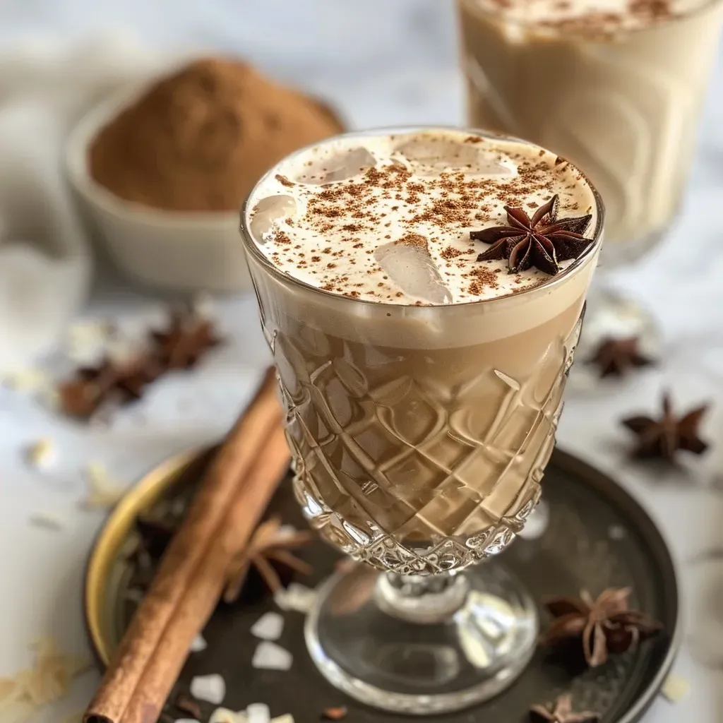 Side view of a refreshing mocktail, showcasing a creamy Vanilla Chai Spice drink with star anise on top.