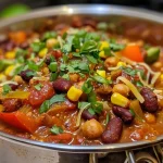 A close-up view of a steaming bowl of vegan 3-bean chili, garnished with avocado and green onions.