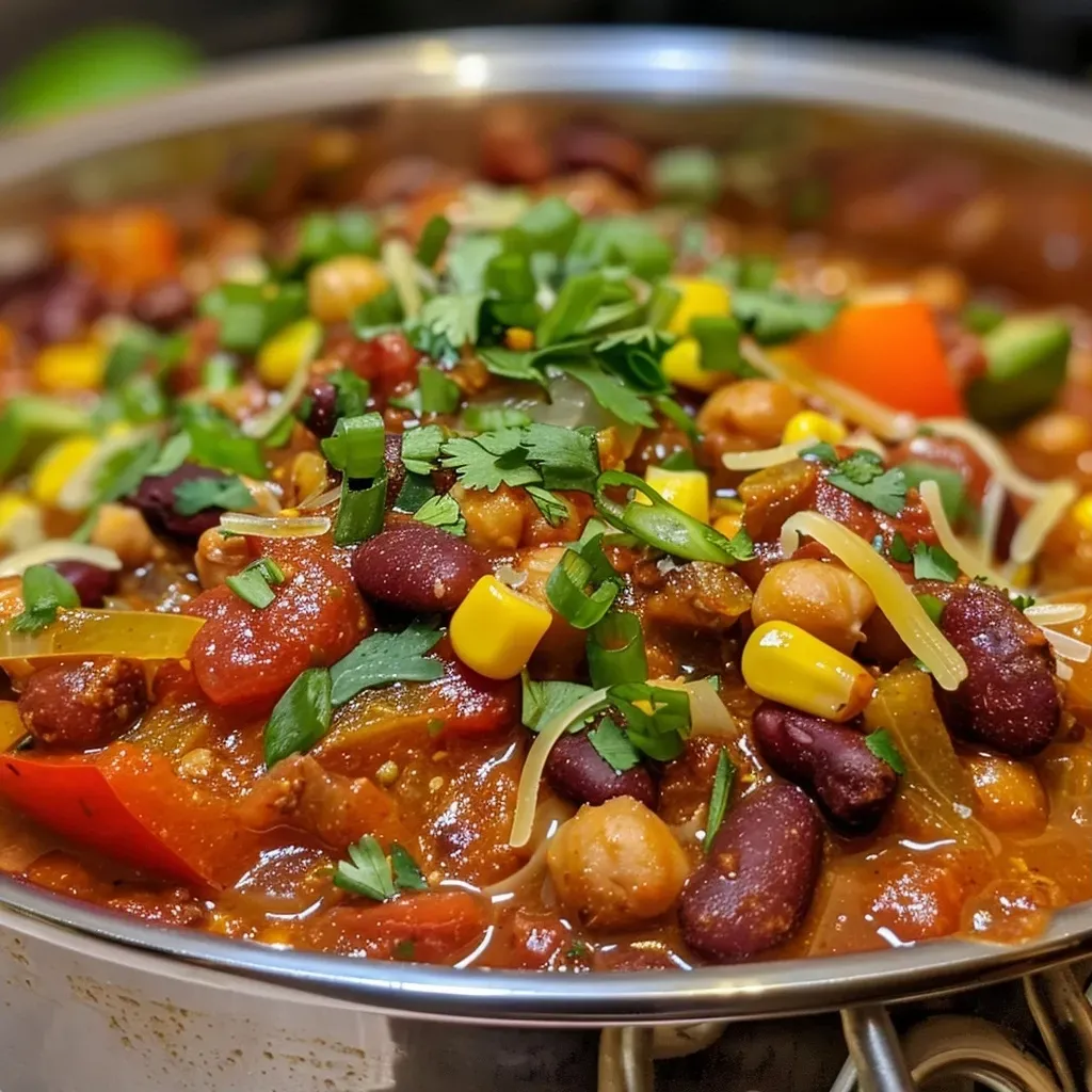 A close-up view of a steaming bowl of vegan 3-bean chili, garnished with avocado and green onions.