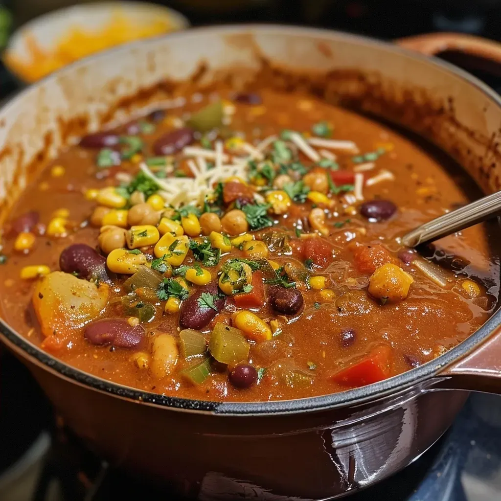 Side perspective of a vibrant vegan chili filled with beans, corn, and topped with cilantro.