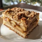 Close-up of a slice of vegan apple coffee cake, showcasing moist texture and apple chunks.