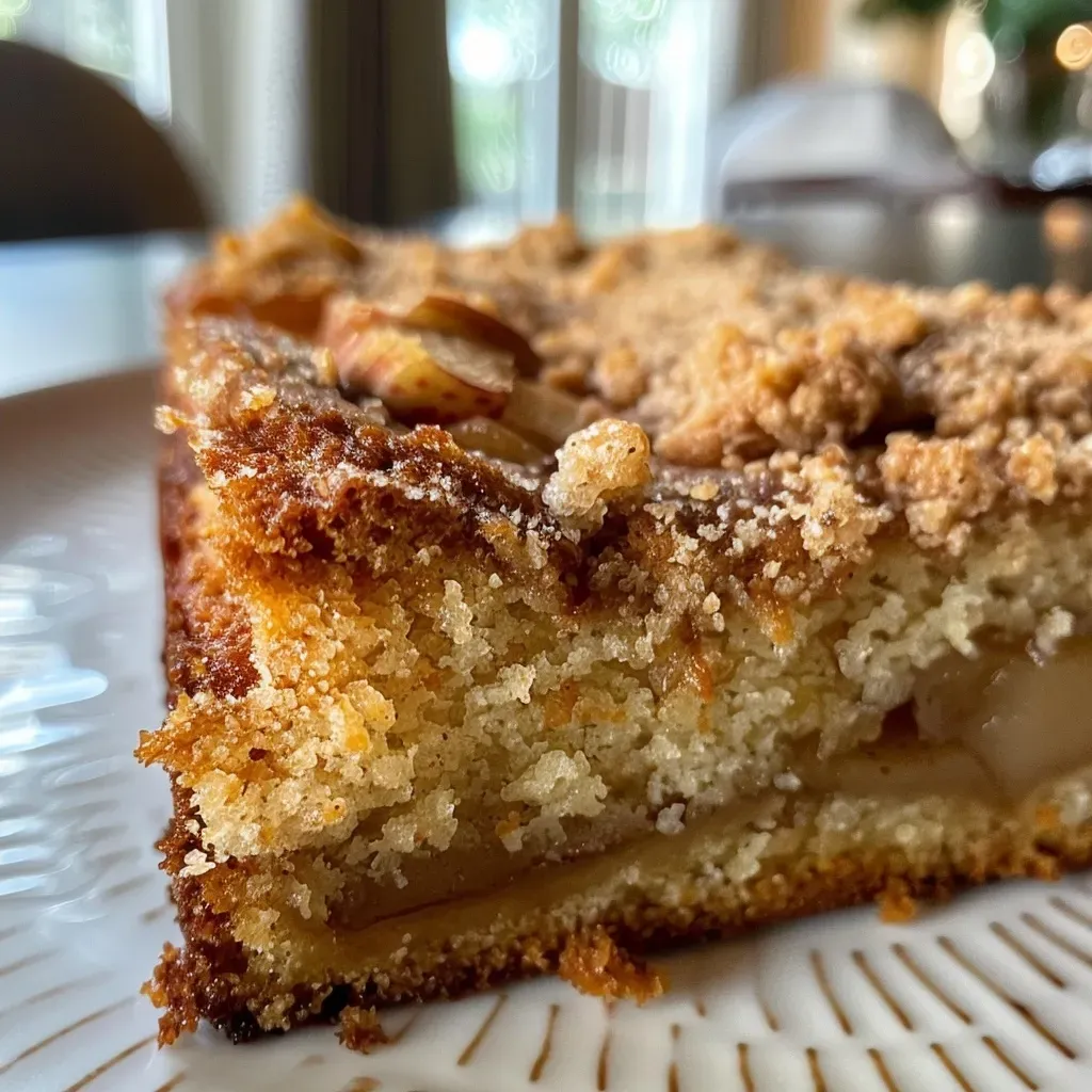 Side view of a vegan apple coffee cake with a golden brown crust and crumb topping.