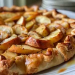 Close-up of a Vegan Apple Galette topped with peanut butter caramel.