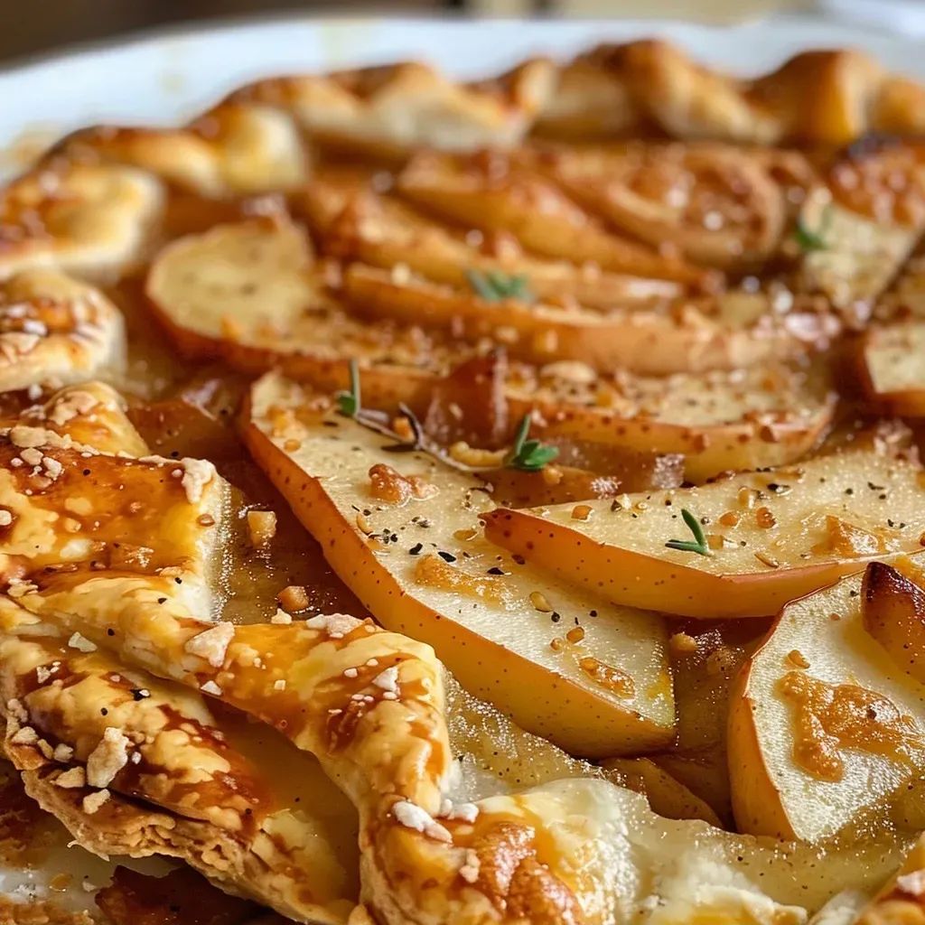 Side view of a golden-brown Vegan Apple Galette with drizzled peanut butter caramel.