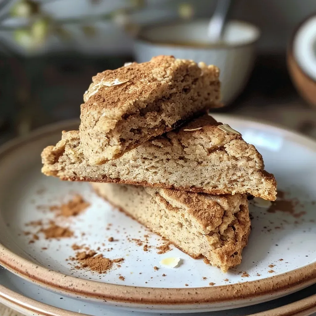 A side view of fluffy vegan chai scones placed on a rustic wooden surface.