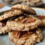 Close-up view of a vegan maple pecan shortbread cookie with a golden-brown color and chopped nuts on top.