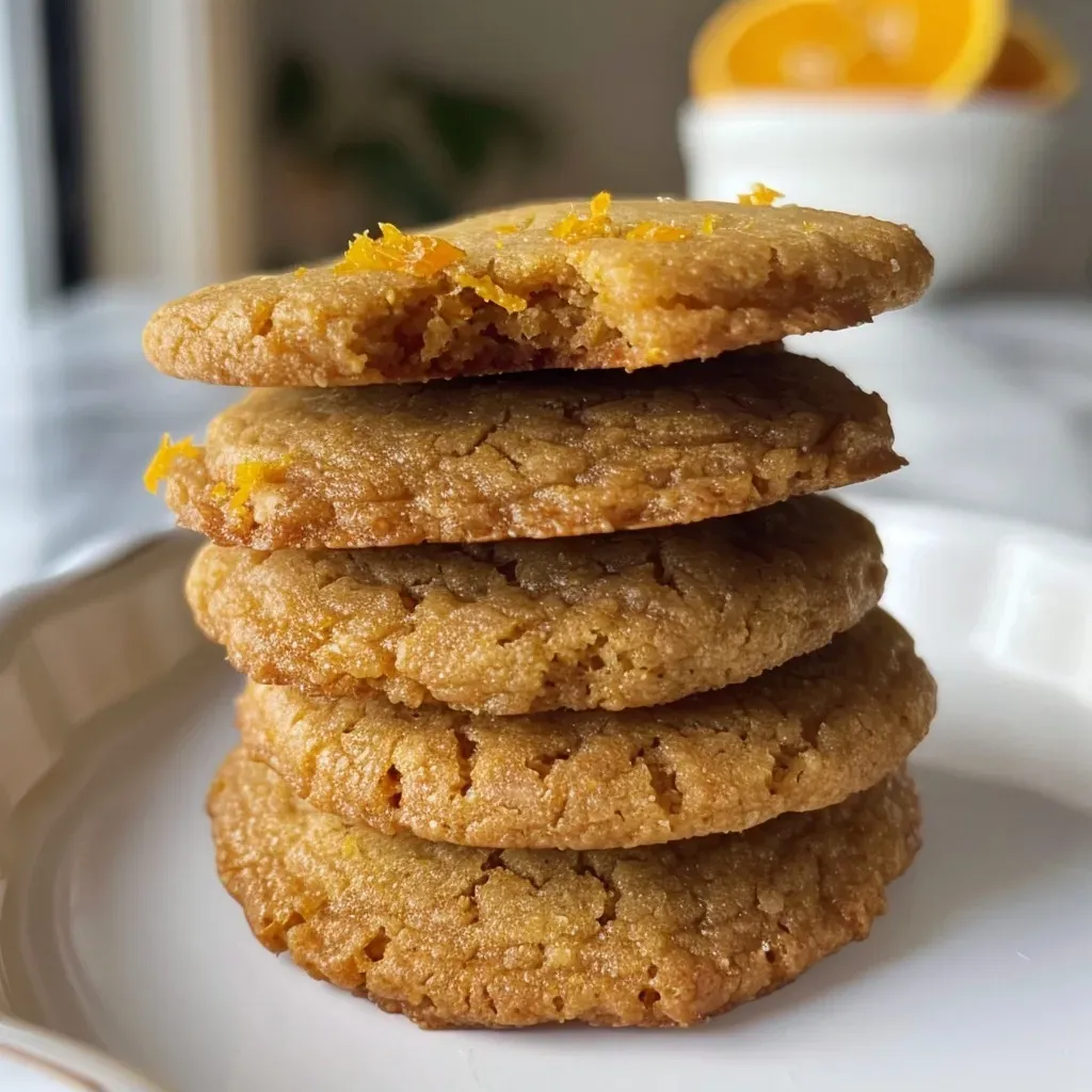 Side view of freshly baked vegan orange cookies, showcasing their soft and chewy appearance.